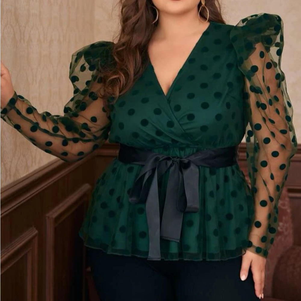 Flattering Plus Size Mesh-Sleeve Peplum Blouse - Picture 6 of 6